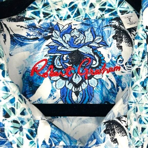 Robert Graham Men's Large Classic Fit Short Sleeve Button Up Shirt Blue Paisley - Picture 2 of 6